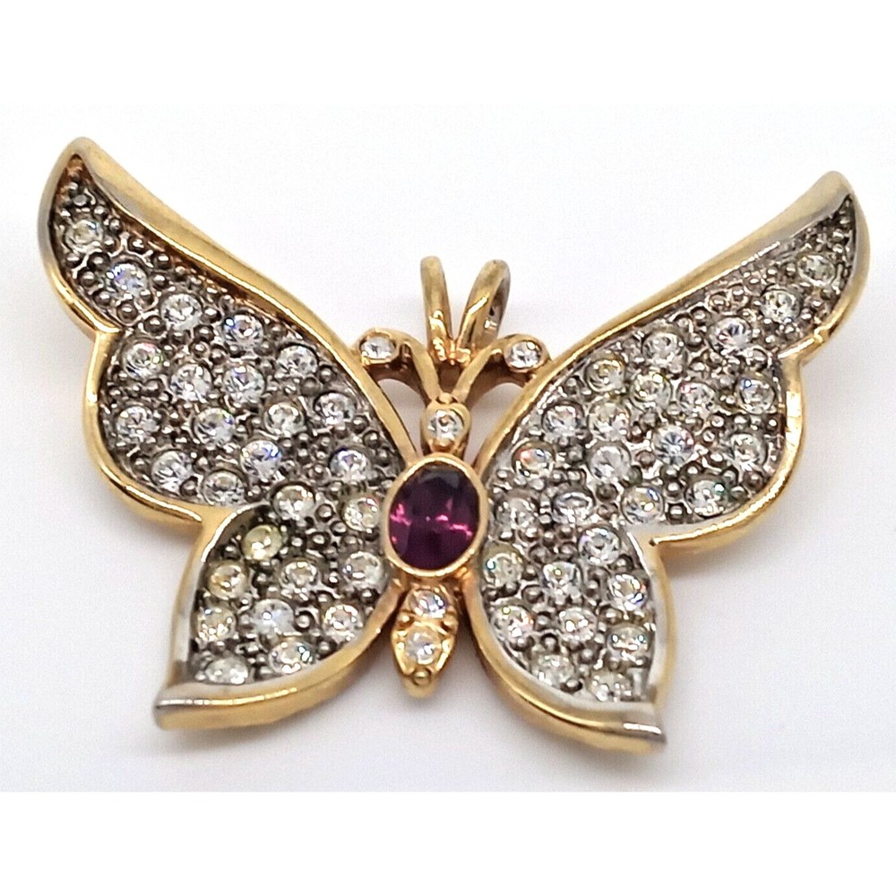 Vintage Butterfly Pendant Purple Clear Rhinestones Gold Tone 1999 P..S. Co